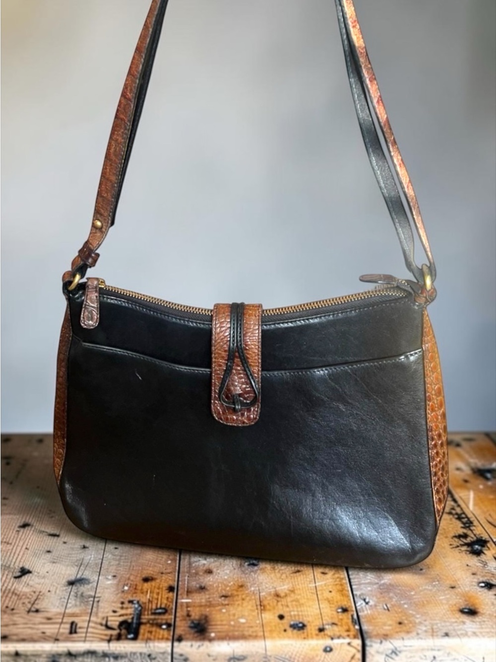 Brahmin Vintage Black Leather Croc Trim Shoulder Bag Crossbody